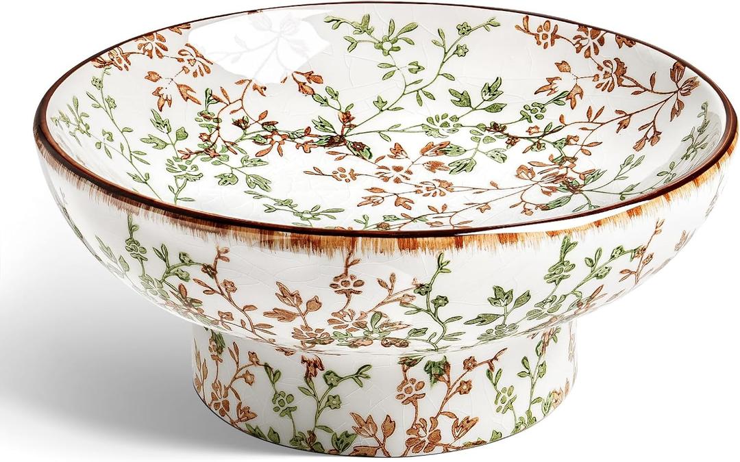 LE TAUCI 10" Ceramic Decorative Bowl, Key Bowl for Entryway, Handcrafted Sturdy Pedestal Bowl, French Country Fruit Bowl for Kitchen Counter, Centerpiece, Vine Green