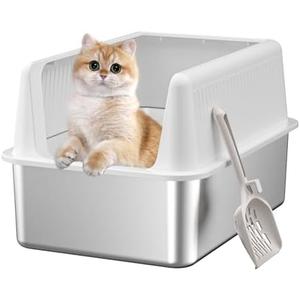 Stainless Steel Cat Litter Box with Lid,XL,19.7” L x 13.8” W x 11.8”H Deep,Large Metal Litter Box with High Side,for Small and Large Cats,Anti-Leakage Non-Sticky Easy Cleaning Include Litter Scoop
