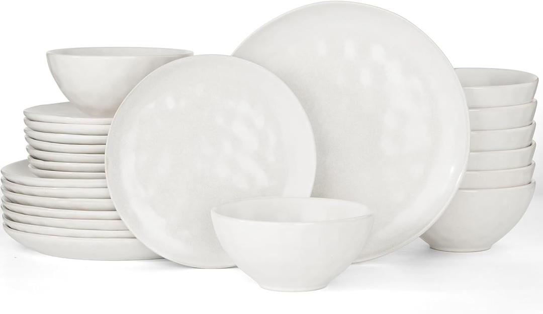 Famiware Dinnerware Sets for 8, Ocean Round 24-Piece Kitchen Plates and Bowls Sets, Microwave and Dishwasher Safe, Scratch Resistant, Matte White 