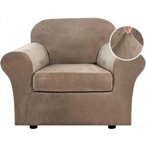 H.VERSAILTEX Rich Velvet Stretch 2 Piece Cover Chair Slipcover Sofa Cover Furniture Protector Couch Soft with Elastic Bottom Chair Couch Cover with Arms Width Up to 49 Inch(Chair,Camel)