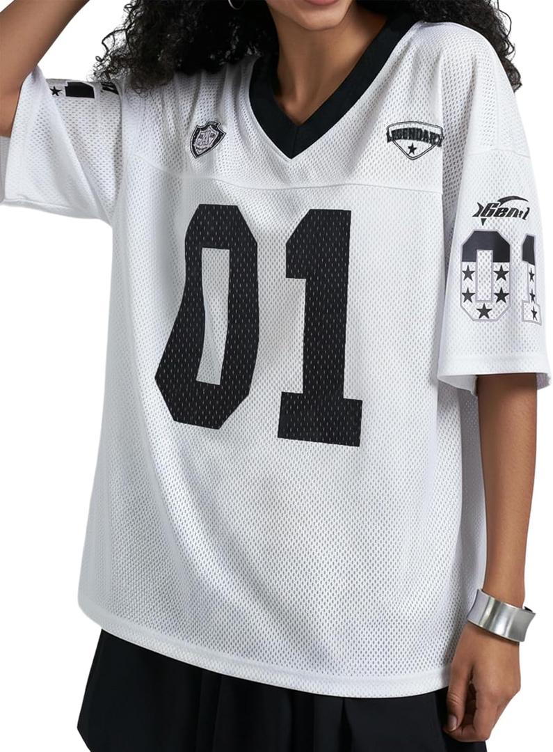 Women's Number Print Mesh Oversized Jersey Shirts Striped Trim Half Sleeve Baggy Camo Graphic Tees (S)