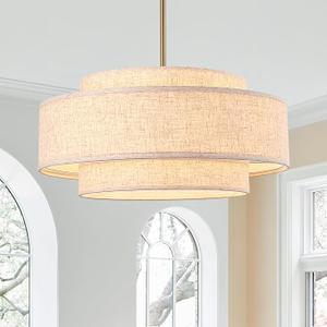 Fenluster Gold Modern Chandelier 20'' Linen Drum Chandeliers with 3 Layer Fabric Lampshade Pendant Light Fixture 4-Light Farmhouse Chandeliers for Dining Room Bedroom Kitchen Hallway Foyer