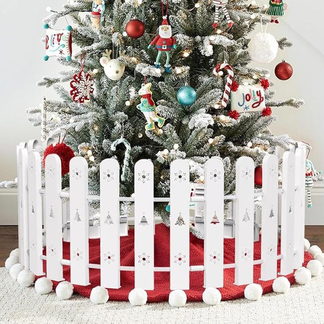 Christmas Tree Fence, White Picket Fence for Toddler Cat Dog Pet Safety, Decorative Fence Around Artificial Real Xmas Trees Indoor, Freestanding Barrier, Plastic PVC Heavy Duty, Circle Diameter 55" (28 PCS)