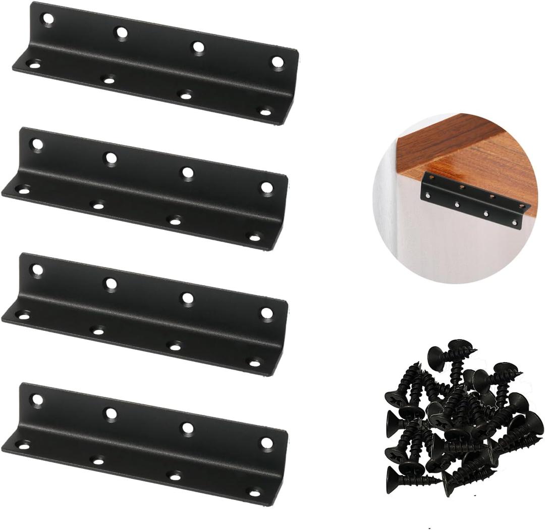 5-1/2" L Brackets Long Corner Braces 4 Pack | 90 Degree Angle Bracket for Shelves/ Wood Furniture/ Cabinets/ Bed Frames - Heavy Duty Black Metal Brackets (5.51 x 1.06 Inch) with Screws