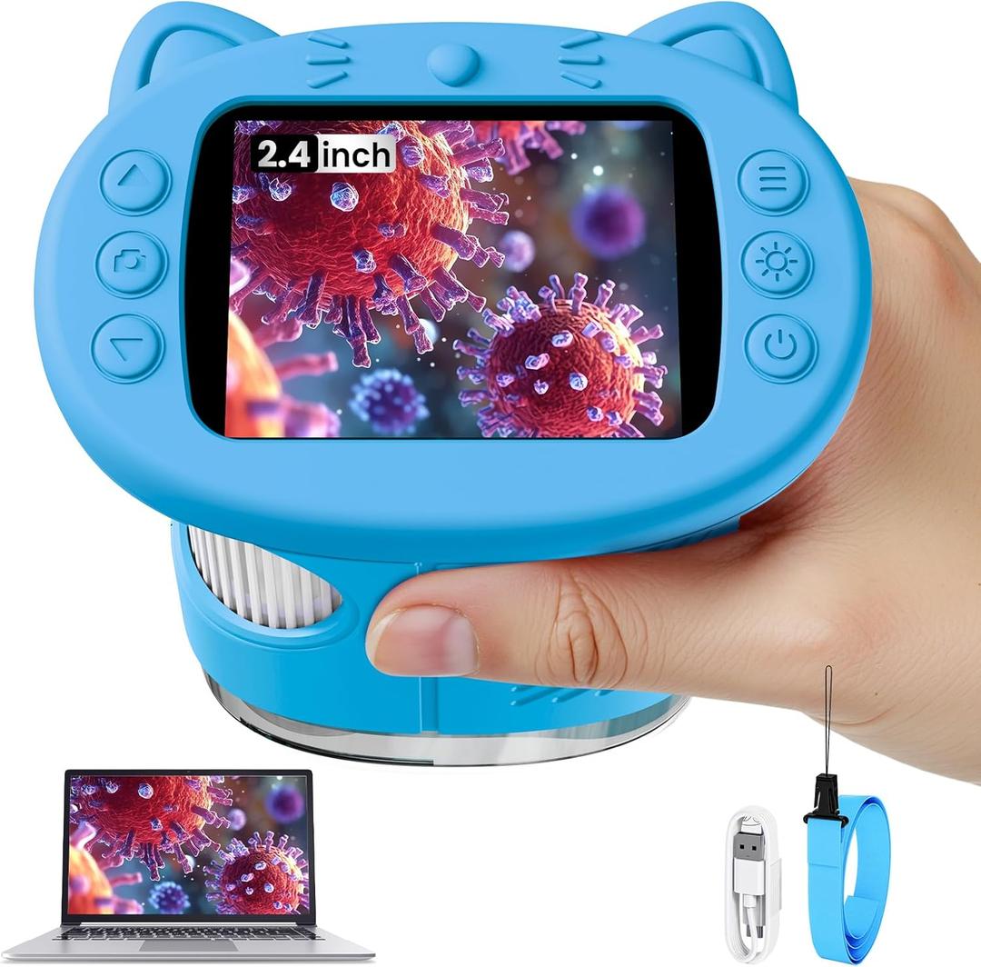 Microscope for Kids, 2.4 Inch Digital Microscope with 1000X Magnification, Handheld Camera Mini Pocket Magnifying Glass, Educational Christmas Birthday Gifts Toys for Ages 3+, Blue