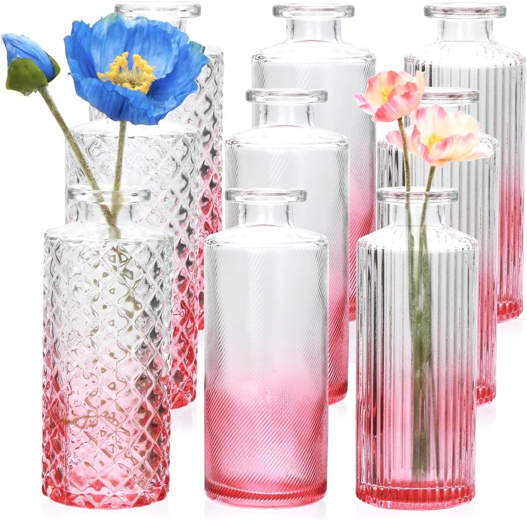 Glass Bud Vase Set in Bulk, 9pcs Mini Vintage Flower Vases for Wedding,Pink Relief Vase for Centerpieces,Home Table Flower Decor, Party Decorations