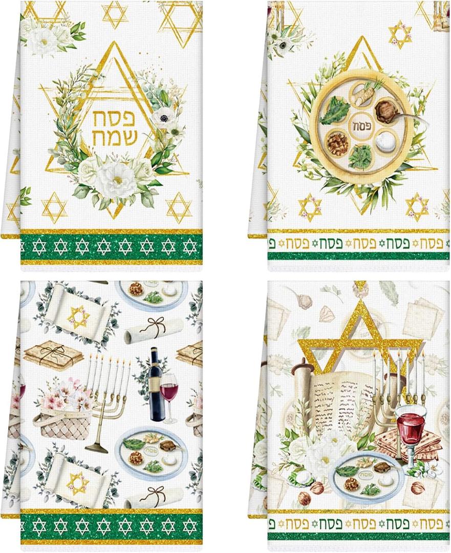 Passover Kitchen Towels Set of 4, Jewish Passover Decorations, Pesach Star of David Kitchen Dish Towels, Jewish Seder Hand Towel Decor for Festival Holiday Party Home Decoration Gifts