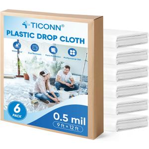 TICONN 12 x 9 Ft Plastic Drop Cloth for Painting, Waterproof Painters Plastic Sheeting, Painting Tarp for Furniture Cover, Floor Protection (6PK, 0.5Mil)