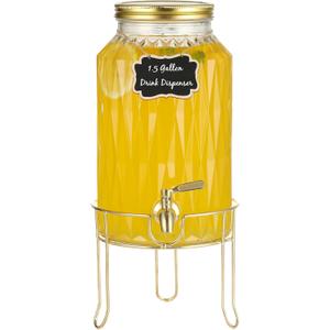 1.5 Gallon Glass Drink Dispenser with Stand  Large Beverage Dispenser with Stainless Steel Spigot, Chalkboard Tags & Marker  Glass Water Dispenser for Fridge, Parties, Weddings and Home Use,Glod