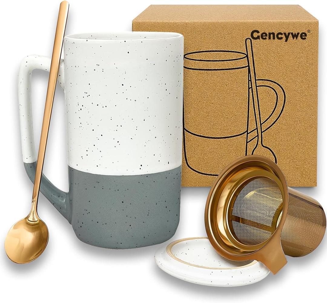 Gencywe Ceramics Large Tea Cup with Loose Leaf Infuser, Spoon and Lid, 16 oz Tall Coffee Mug, Microwave and Dishwasher Safe, Rustic Matte Ceramic Glaze, Tea Strainer (Gray)