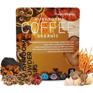 PowderVitamin Organic Mushroom Coffee Certified Mold & Mycotoxin Free GrassFed Collagen Types I & III 8 Fruiting Body Mushrooms Tested for BetaGlucans Focus Energy Digestion & Immunity 15 Servings