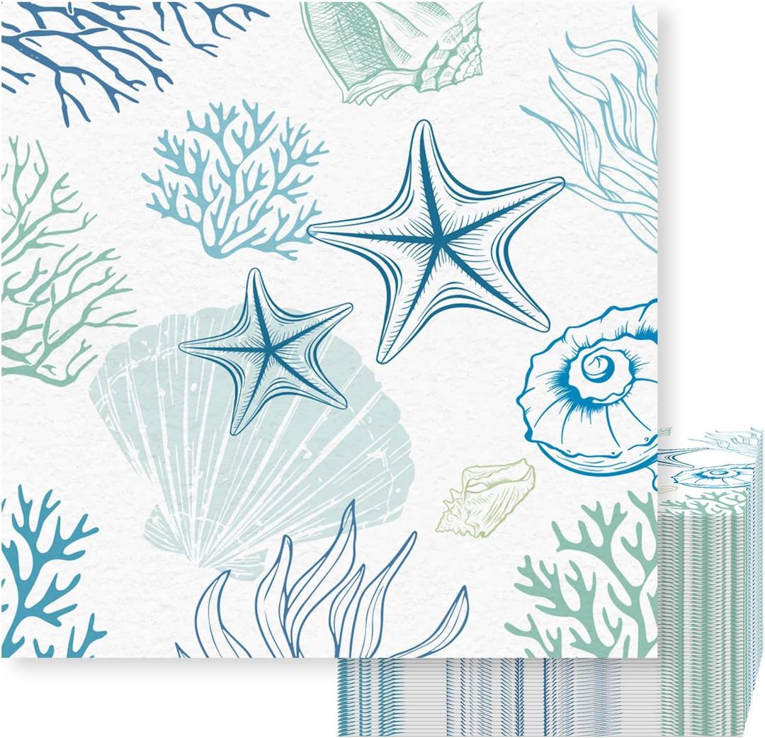 100Pcs Ocean Coastal Paper Napkins - Summer Cocktail Beach Nautical Napkins with Starfish & Seashell Design, 6.5x6.5 Inch Disposable Hand Napkins for Wedding Birthday Bridal Shower Party