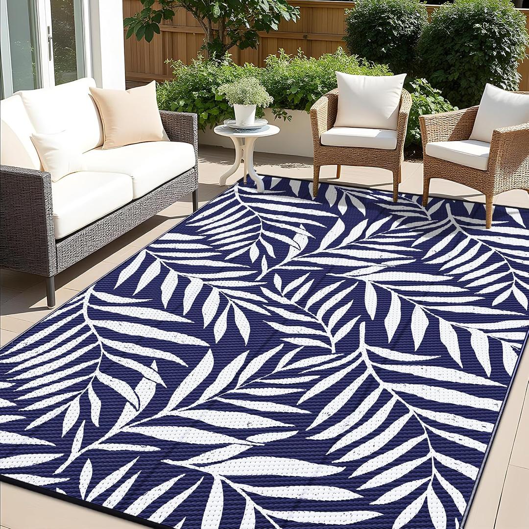 OLANLY Waterproof Outdoor Rug 8x10 ft, Reversible Outdoor Plastic Straw Rug with Leaf Pattern, RV Mat, Indoor Outdoor Carpet for Patio, Camping, Balcony, Deck, Backyard, Navy & White