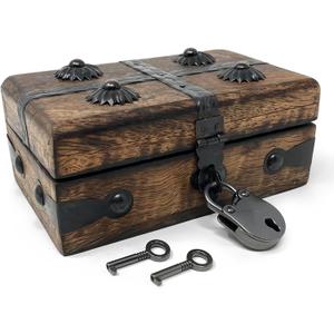 Nautical Cove Treasure Chest Wooden Box with Antique Iron Lock and Skeleton Key (X-Small 5 x 3 x 2) - Storage and Decor  Pirate Wooden Treasure Chest, Decorative Box with Hinged Lid,
