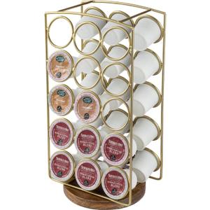 MyGift Modern Brass Tone Plated Metal and Brown Mango Wood Coffee Pod Holder Stand - Tabletop Caf Bar Coffee Capsule Storage Rack - Handcrafted in India