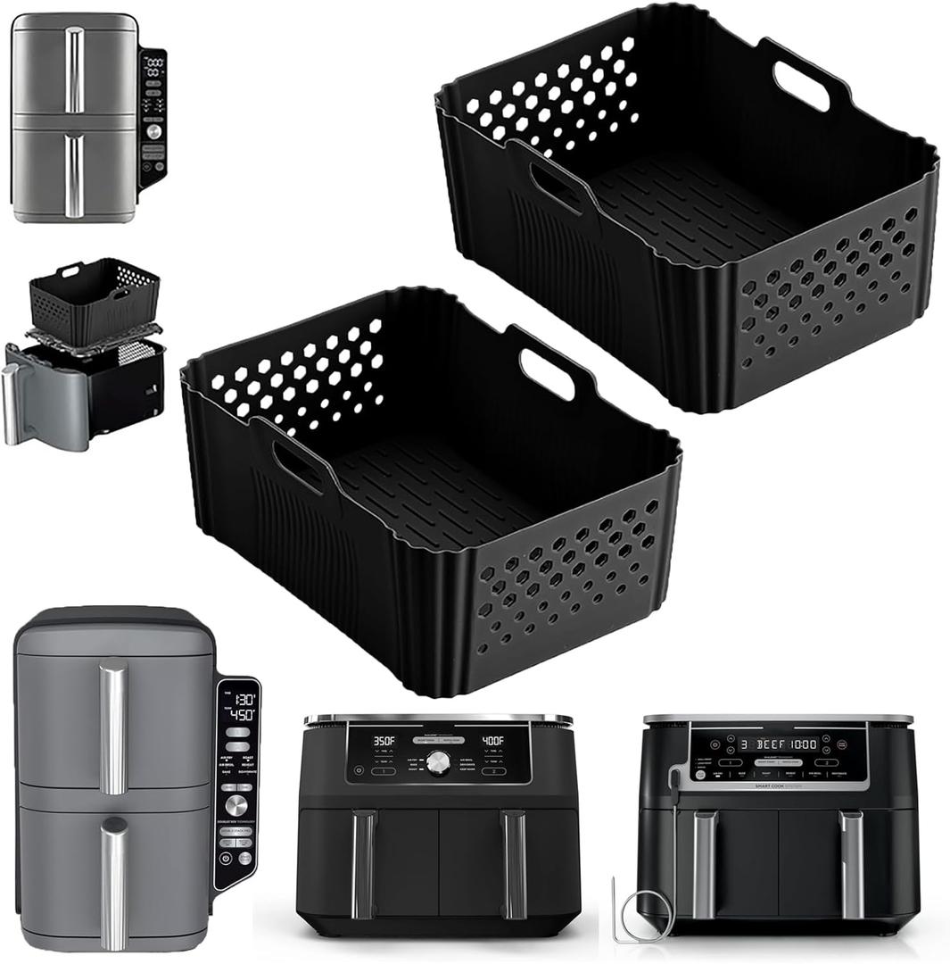 2 Pack Silicone Air Fryer Liners for Ninja 10QT DualZone DZ401 DZ550 DZ302, Reusable Rectangle Non-Stick Basket Liners, Compatible with Ninja Foodi DoubleStack SL401 SL400 & Other 10 QT Air Fryers