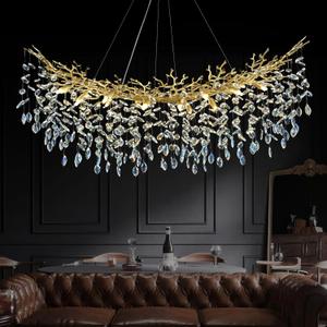 Modern Crystal Gold Chandelier, 55" Large Rectangular Oval Tree Branch Crystal Chandeliers for Dining Room,16-Light Flush Mount K9 Crystal Chandeliers, for Kitchen Island,Dining Room