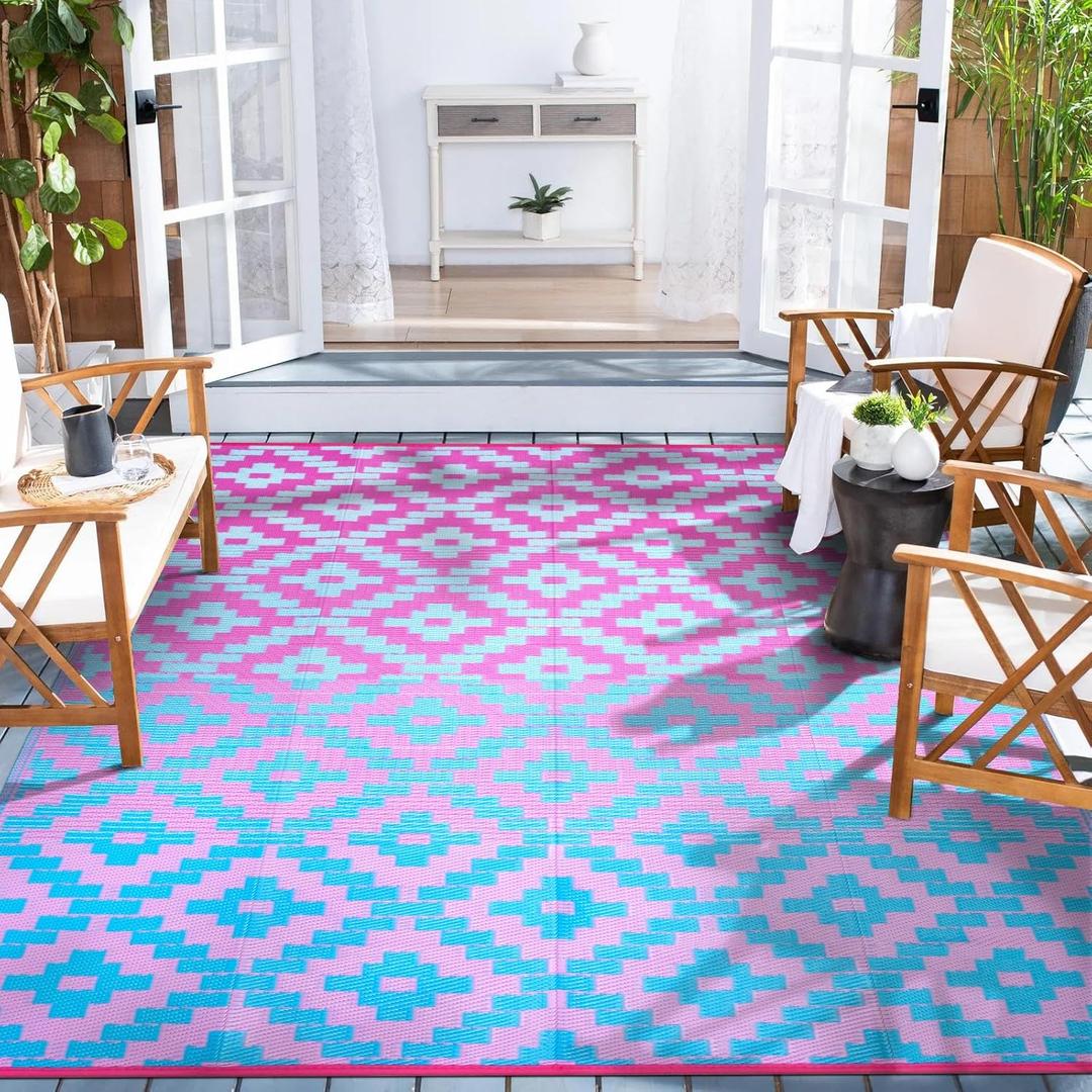 Wonnitar 8x10 Outdoor Rug, Large Waterproof Reversible Plastic Straw Rug for Patios, Indoor/Outdoor Area Rug Lightweight Camping Rug for Outside RV Balcony Garden Deck, Blue/Purple