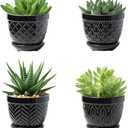 Sureasy Succulent Pots, 3.5 Inch Flower Pots for Indoor Plants, Small Plant Pots with Saucer & Drainage, Decorative Ceramic Planters for Succulent, Cactus, Set of 4, Black