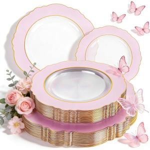 WDF 60Pcs Pink Plates Disposable with Gold Rim - Baroque Clear Pink and Gold Plastic Party Plates Ideal for Wedding/Baby Shower/Spring/Mother's Day