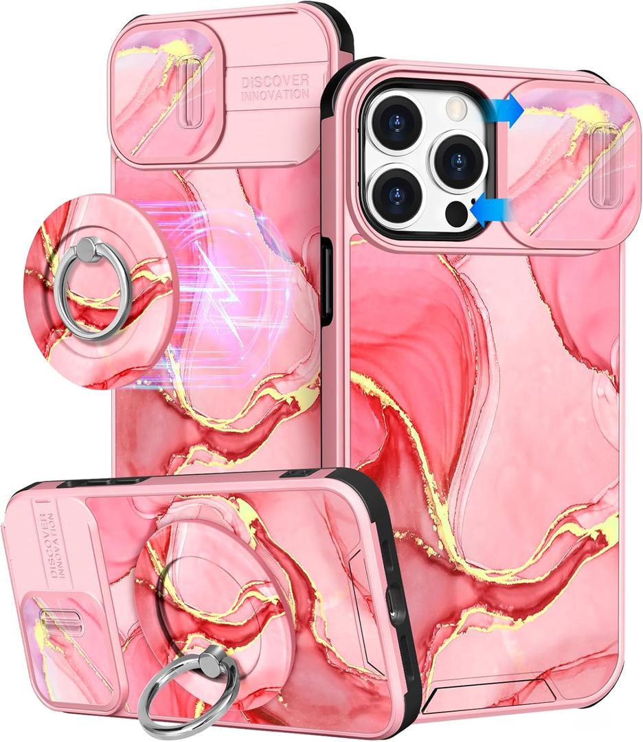 Buleens for iPhone 15 Pro Max Case 6.7 Inch - with Ring Stand & Camera Cover Aesthetic Cute Designed Women Girls Girly Kawaii Unique Pretty Phone Case for iPhone 15 Pro Max Compatible with Magsafe (Pink Watercolor)