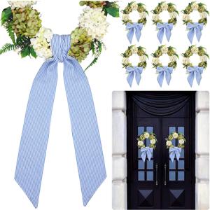 XunYee 6 Pcs Spring Blue Wreath Sash Bulk Patriotic Bow Wreath Sash Chinoiserie Summer Garland for Front Door Wedding Indoor Outdoor Kitchen Yard Party Decor 4.5" x 56"(Blue, Striped)