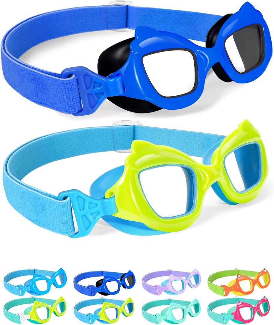 Seago 2 Pack Kids Swim Goggles with Fabric Strap for Kids 3-15, Cat-Shaped Swimming Goggles Anti-Fog UV Protection Leakproof