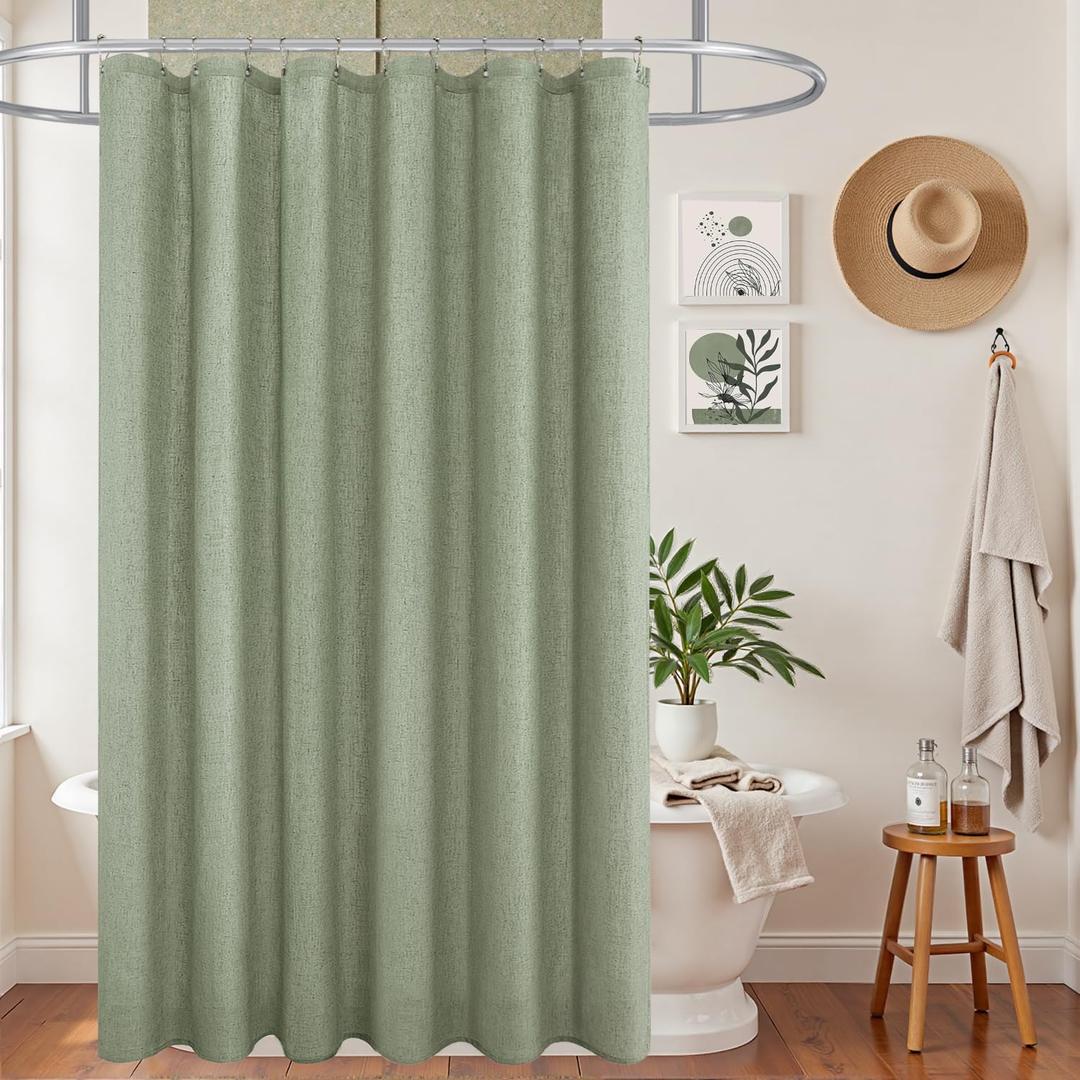 KOUFALL Sage Green Waterproof Linen Fabric Shower Curtain 72x96 Inch Length