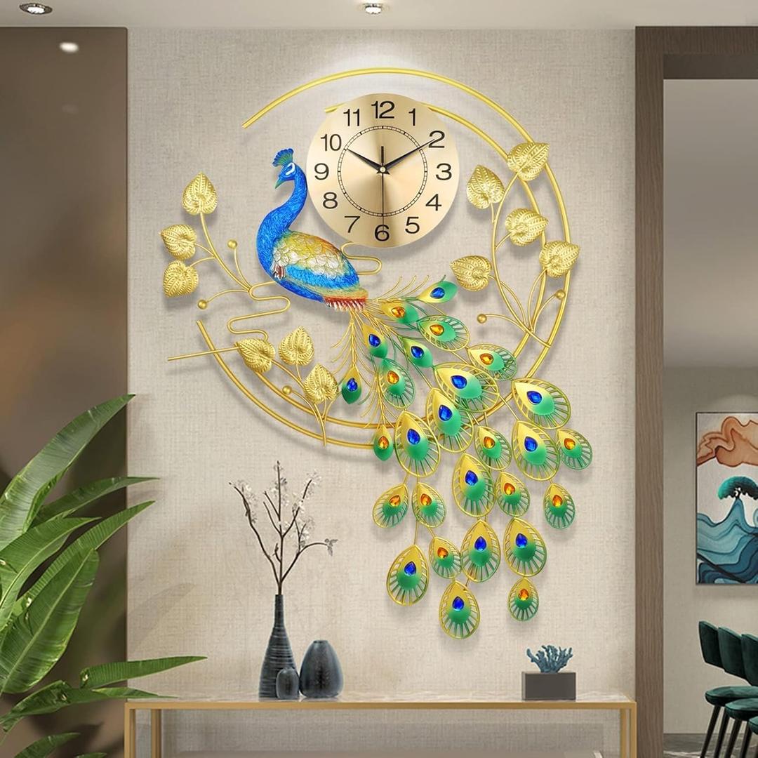 FMTAD 36.6 Inch Large Peacock Wall Clock Non-Ticking Silent, Creative Decorative Peacock Clock 3D Luxury Mid Century Big Wall Clocks for Living Room Bedroom Dining Room Decor