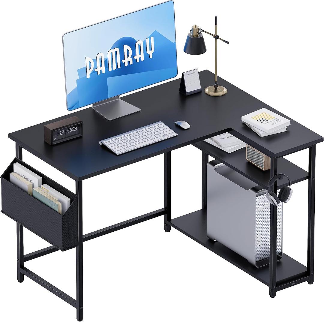 Pamray 40 Inch L Shaped Computer Desk with Reversible Side Storage Shelves, Small Corner Desk for Small Space Home Office, Writing Study Table PC Desk for Bedroom, Black