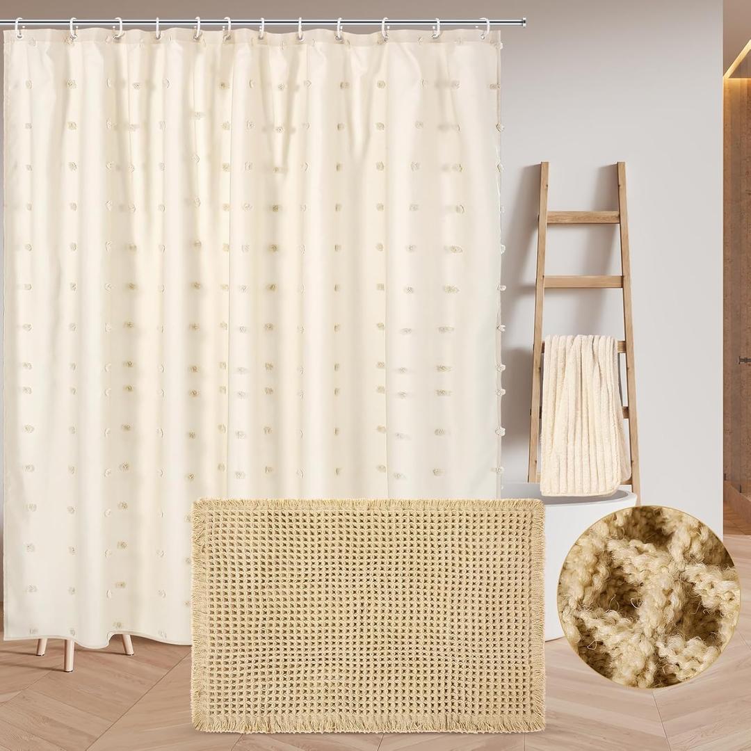 3 Pcs Boho Farmhouse Bathroom Shower Curtain Set with Waffle Bath Mat and Towel Cream Waterproof neutral shower curtain Non Slip with 12 Hooks for Bathroom and Hotel Tub Decor 70.87 x 70.87