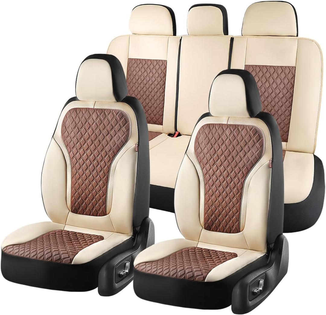 Coverado Car Seat Covers Full Set, Beige Brown Car Seat Covers, Luxury Diamond Leather Car Seat Cover with Carbon Fiber Weave, Spill-Proof Seat Cushions, Automotive Seat Cover Universal Fit Most Cars