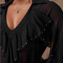 OYOANGLE Women's Plus Size Studded Ruffle Blouse Rave Tops Bishop Sleeve Deep V Neck Mesh Shirts (Black, 3XL)
