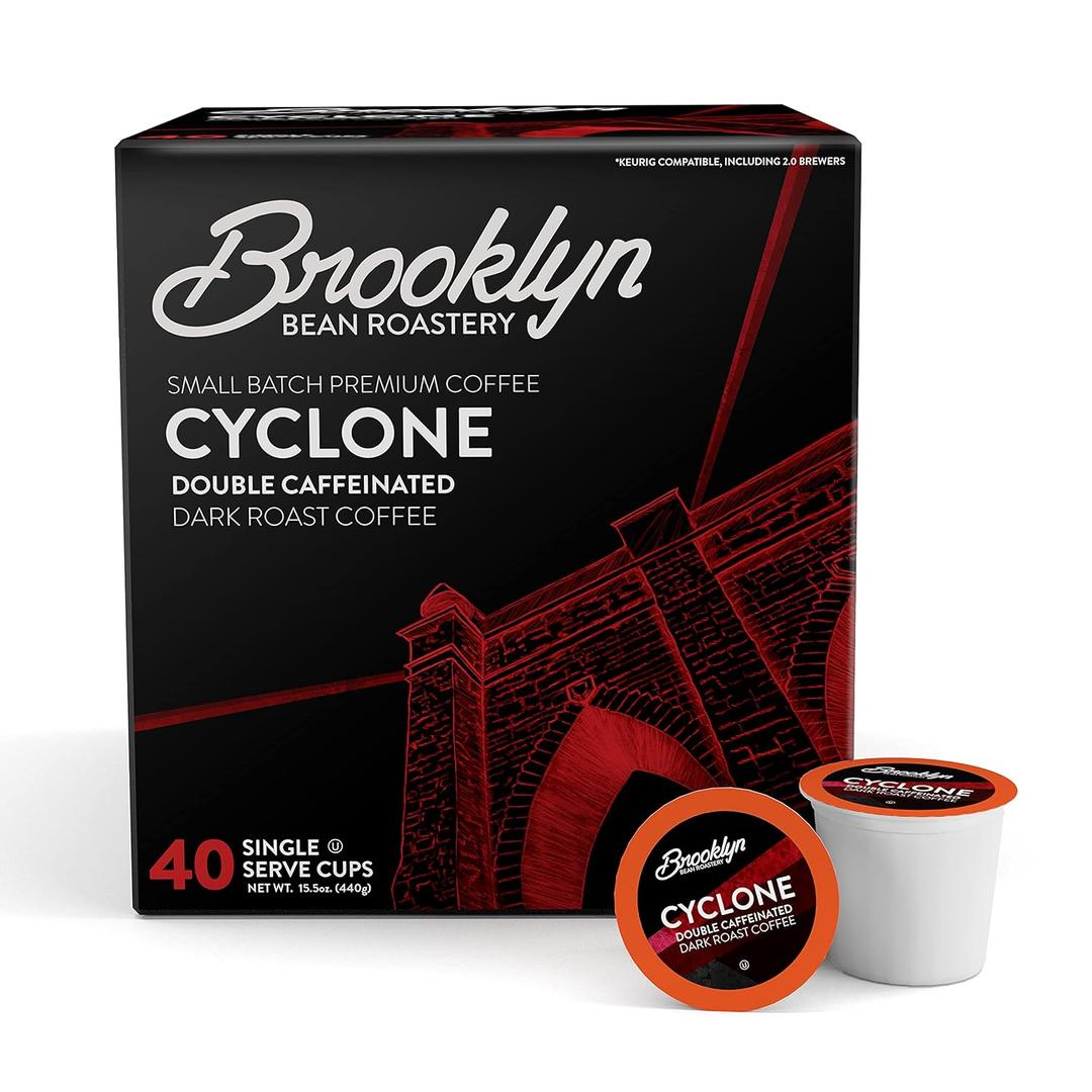 Brooklyn Beans Cyclone Gourmet Coffee Pods - Compatible with Keurig K Cup Brewers Including 2.0 Machines, 40 Count, Strong and Intense Double Caffeine (EXP 01/11/28)