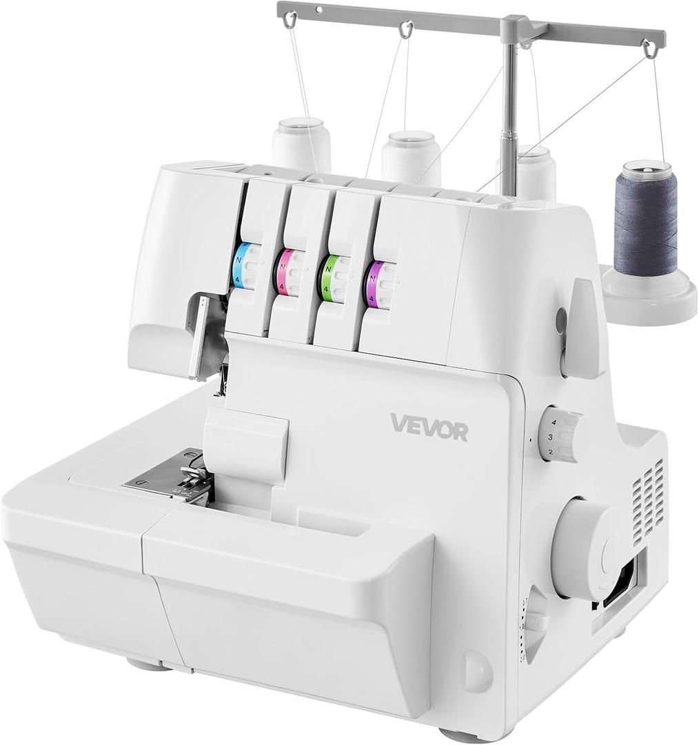 VEVOR Serger Overlock Sewing Machine, 1250 Stitches Per Minute, 2-3-4 Thread Capability, 0.7-2 Adjustable Differential Feed, with Free Arm and LED Light, Sewing Machine for Various Fabrics, White