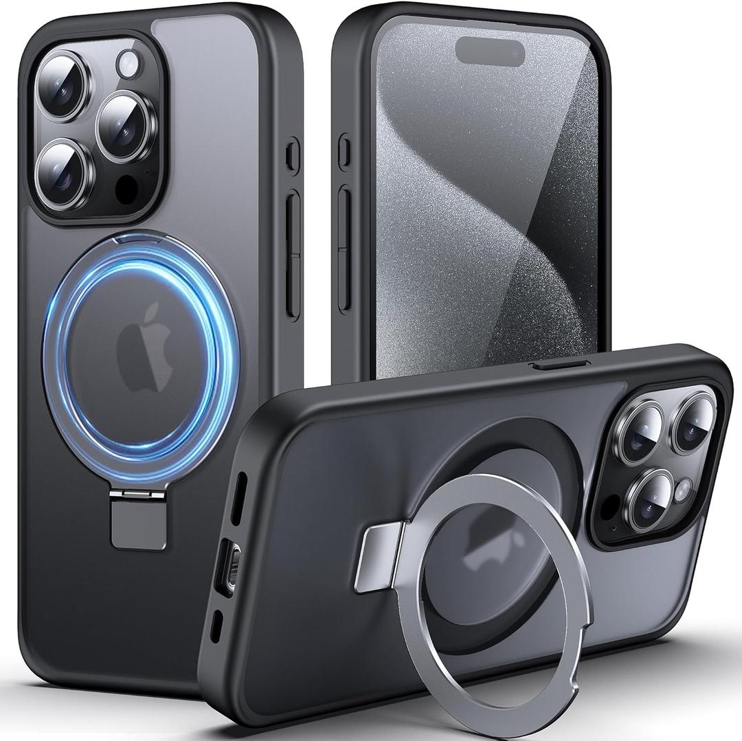 DASFOND Mag-Stand Designed for iPhone 15 Pro Case, 2023 Upgraded [All-in-1] [Compatible with MagSafe] Invisible Ring Kickstand Transparent Matte Phone Case Cover for iPhone 15 Pro 6.1 inch, Black