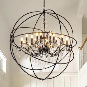 Wellmet Black Chandelier Light, Sphere Chandelier with Crystal for Foyer, Farmhouse Round Hanging Ceiling Lighting Fixture for Dining Room, Living Room Bedroom (Black, 42 inches)