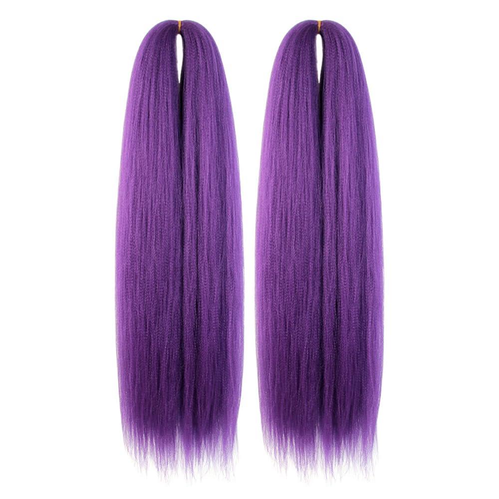 Purple Braiding Hair 24 Inch Long Pre Stretched Hair Straight Yaki Texture Synthetic Hair Extensions Softness, 2 Packs