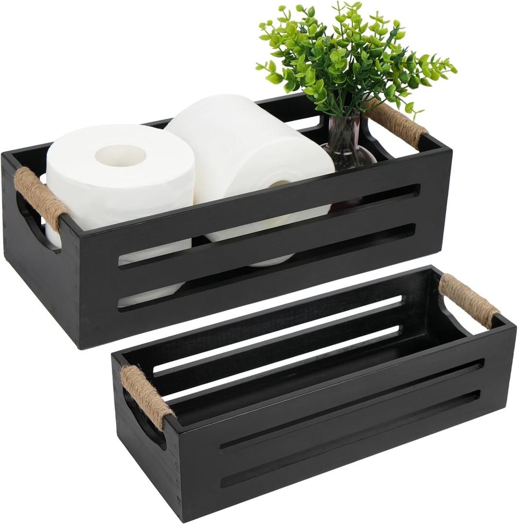 LotFancy Bathroom Decor Box, 2 Pack Toilet Tank Topper Basket, Wooden Bathroom Basket, Back of Toilet Storage Basket, Black Farmhouse Toilet Paper Holder