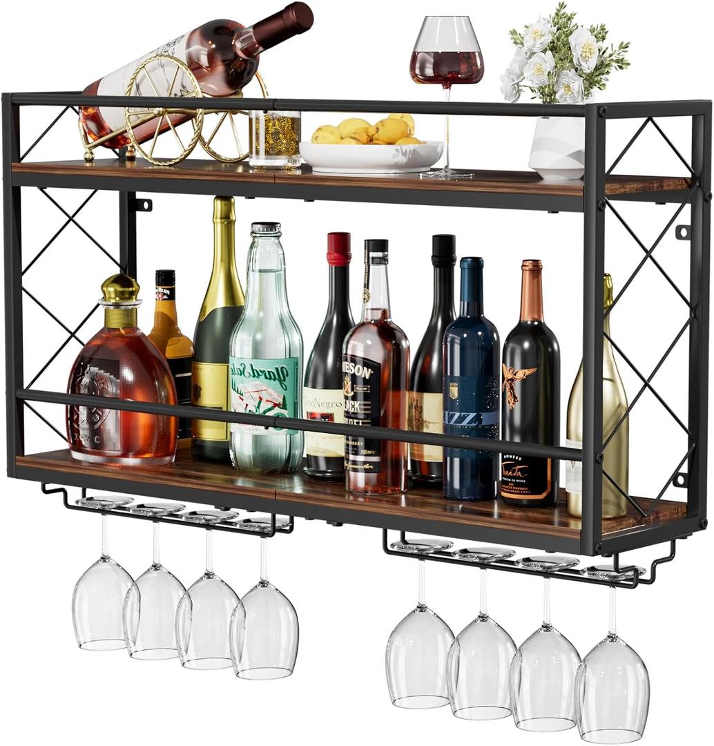 Wine Rack Wall Mounted 2 Tier Wall Wine Rack with Glass Holder, Double Layer Anti-Drop Crossbar, 31.5" Metal Wood Wall Mount Wine Holder for Home Kitchen Dining Room Coffee Shop Bar, Black