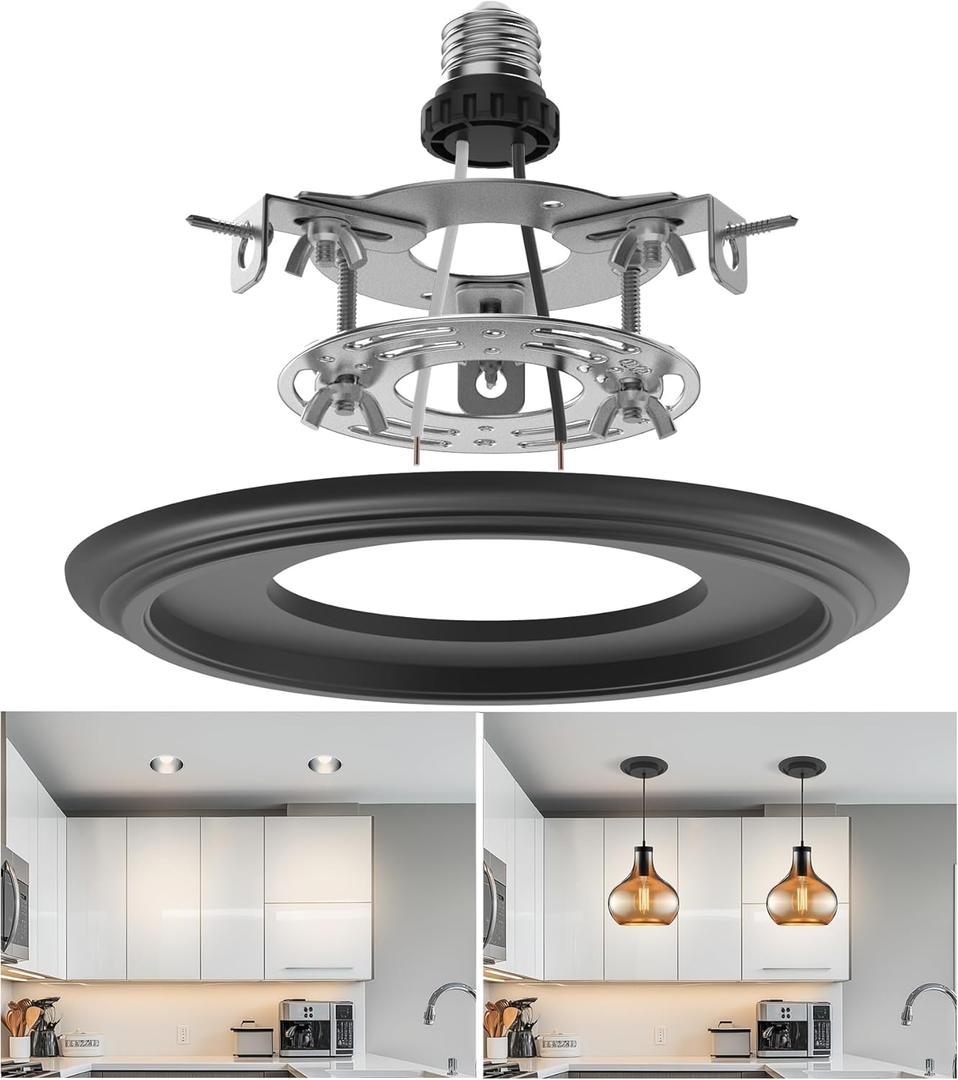 R5 and 6 Recessed Can Light Conversion Kit, Light Fixture Upgrade, Pendant Light, Fan Compatible, Equipped with 7 Inch Decorative Plastic Medallion, Black Finish