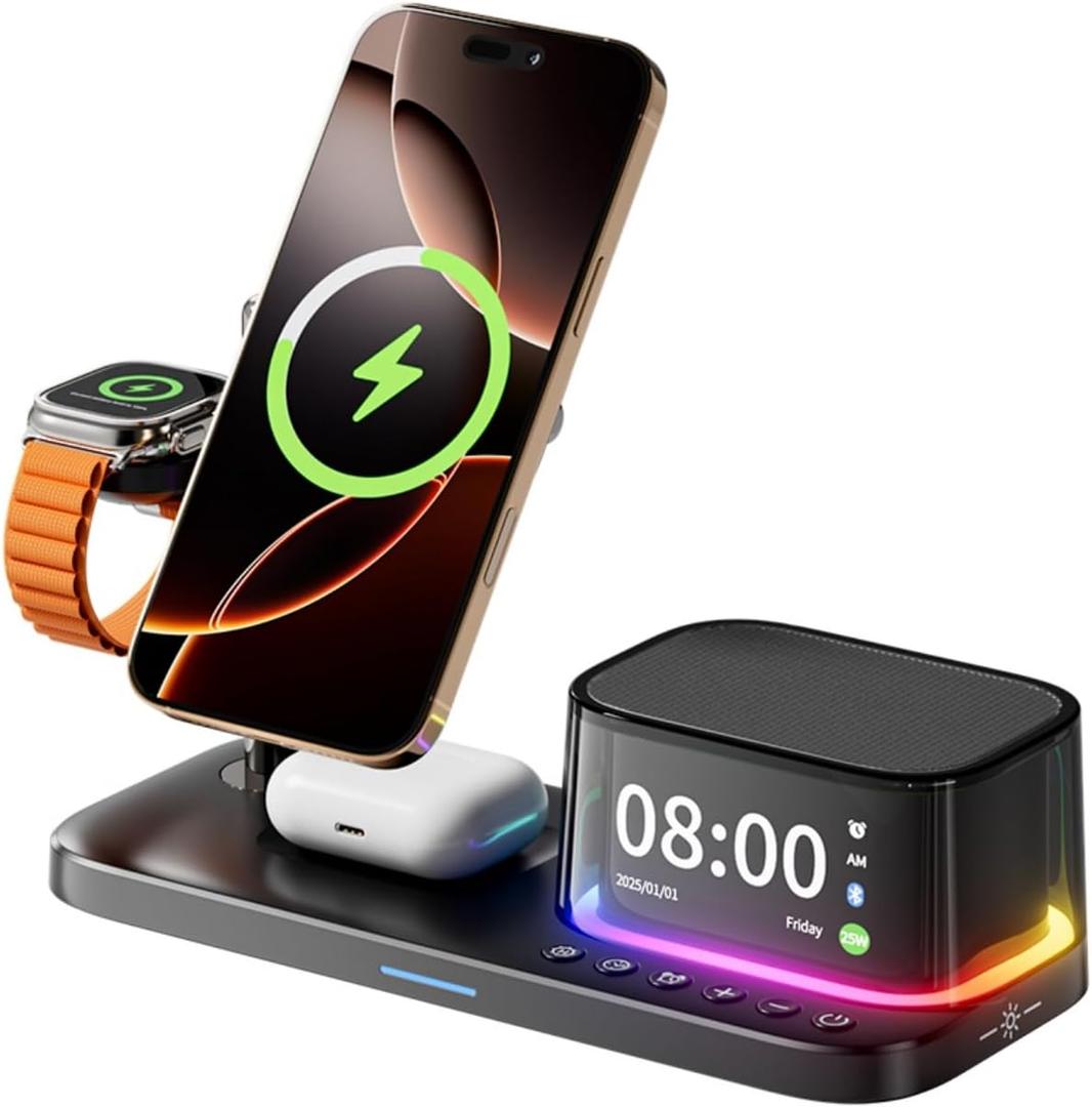 5 in 1 Alarm Clock with Wireless Night Stand Charging Station for Apple All in One Watch and Phone Charging Stand for iPhone 17 Air 16 15 14 13 12 Series Multiple Devices Bedrooms