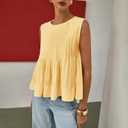 WOWULOVELY Womens Summer Pleated Peplum Sleeveless Blouse Tank Tops Crew Neck Babydoll Blouse Y2K Round Shirt (Yellow, S)