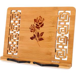 MEGREZ Book Stand for Reading (13.2 x 9.4 inch) Bamboo Cookbook Stand Holder for Kitchen, Adjustable Book Holder Stand for Tablet/Textbook Holder/Hollow Bookrest Stand, Rose