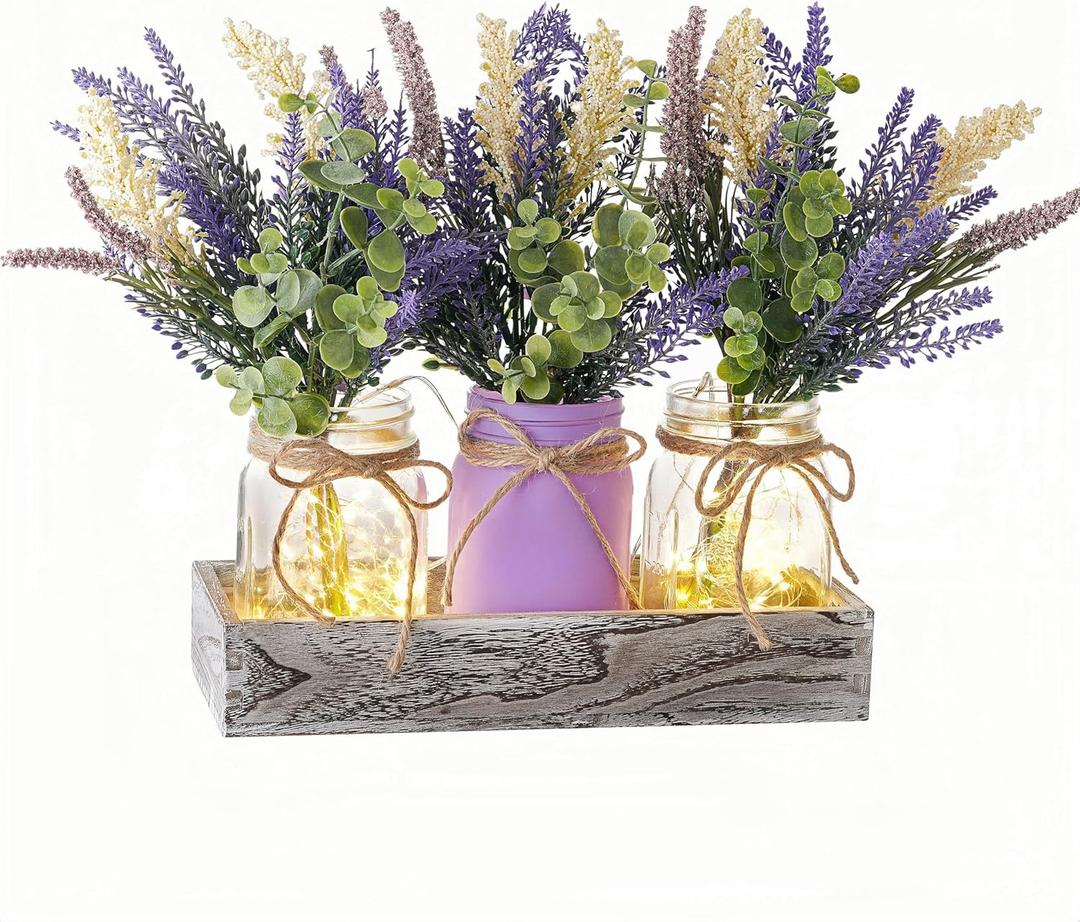 LUEUR Mason Jar Lights Centerpiece Table Decor with Wood Tray 3 Lighted Glass Jars with Purple Lavender Flowers, Home Decoration for Dining Table, Coffee Table, Kitchen & Living Room