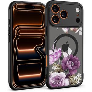 for iPhone 17 Pro Max Case, Black Floral Flower Pattern Case [Compatible with MagSafe] [Translucent Matte] Cute Slim Shockproof Protective Women Girls iPhone Case, Pink Purple Flower