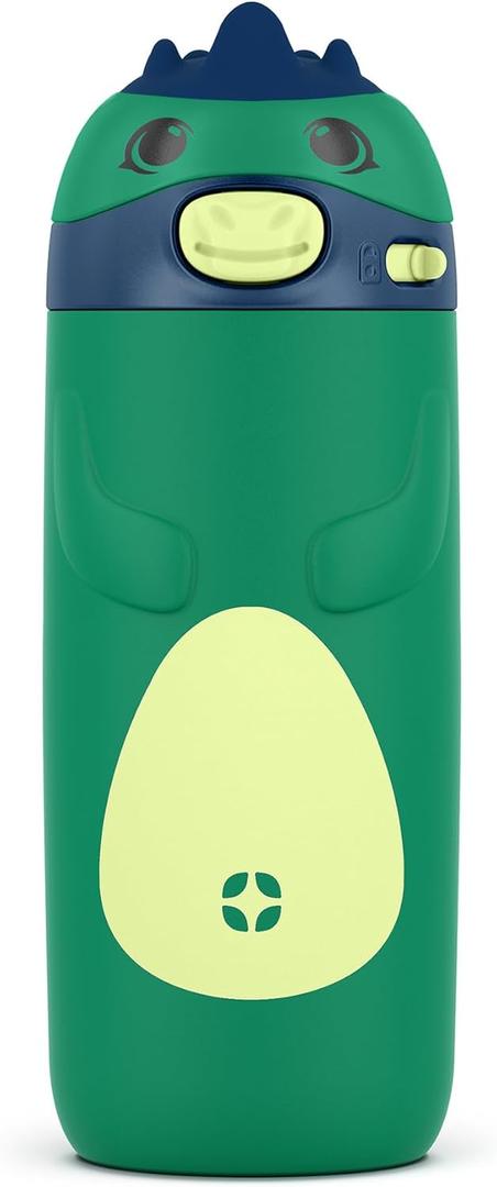 Ello Ellies 12oz Vacuum Insulated Stainless Steel Kids Water Bottle with Straw and Built-in Carrying Handle and Leak-Proof Locking Lid for School Backpack, Lunchbox and Outdoor Sports, Dino