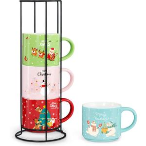 Set of 4 Stackable Christmas Mugs, 15.8 Oz Coffee Mug With Stand, Holiday Hot Cocoa Mugs for Mom Family Colleagues Friend & Farmhouse Cocoa Tray Decor