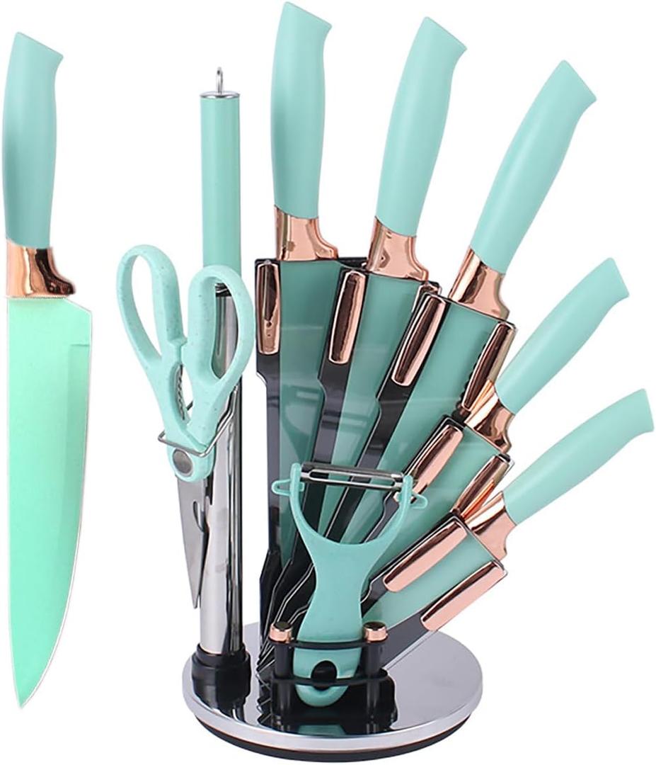 Knife Set, 9Pieces Stainless Steel Non Stick Kitchen Knife Block Set, Sharp Cutlery Knives Set with Sharpener Knives Set with Rotatable Storage Stand Scissors (Teal)