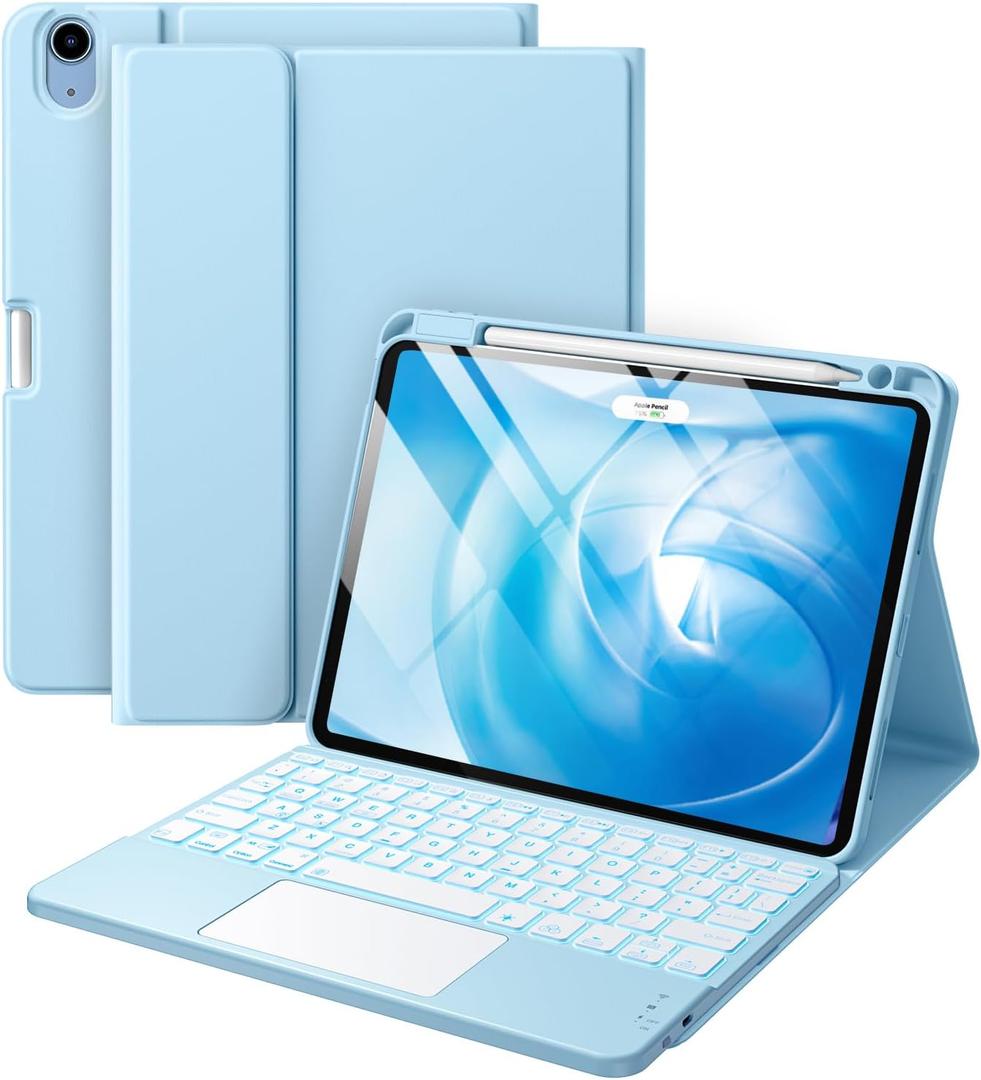 Harvopu Compatible with iPad Air 11 Inch & Air 5th/ Air 4th Generation Case with Keyboard - Multi-Touch Trackpad, 7-Color Backlit, Detachable Folio Keyboard Cover for Air 11-inch M4/M3/M2 (Sky Blue)